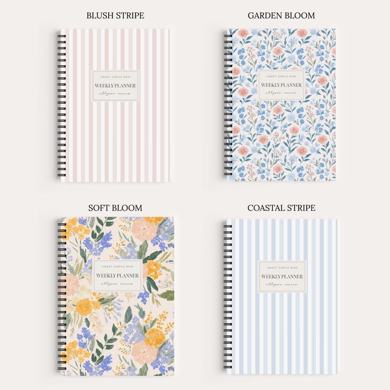 May include: Four spiral-bound weekly planners with distinct covers: Blush Stripe with pink vertical lines, Garden Bloom with blue and peach floral patterns, Soft Bloom with yellow and blue flowers, and Coastal Stripe with light blue vertical lines.
