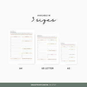 K&ouml;nnte beinhalten: Drei druckbare Tagesplanvorlagen in den Gr&ouml;&szlig;en A4, US Letter und A5. Die Vorlagen zeichnen sich durch ein schlichtes Design mit Abschnitten f&uuml;r den Zeitplan, die To-Do-Liste, Dinge, an die man sich erinnern muss, Mahlzeiten, Notizen und den Fokus auf Reinigung/Organisation aus.