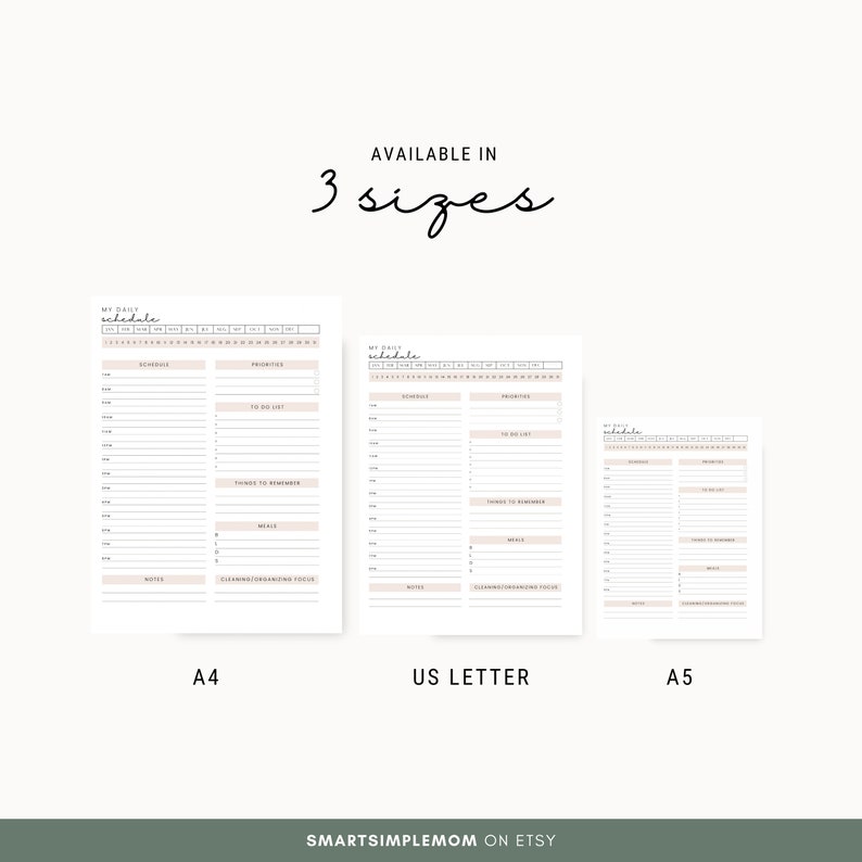 K&ouml;nnte beinhalten: Drei druckbare Tagesplanvorlagen in den Gr&ouml;&szlig;en A4, US Letter und A5. Die Vorlagen zeichnen sich durch ein schlichtes Design mit Abschnitten f&uuml;r den Zeitplan, die To-Do-Liste, Dinge, an die man sich erinnern muss, Mahlzeiten, Notizen und den Fokus auf Reinigung/Organisation aus.