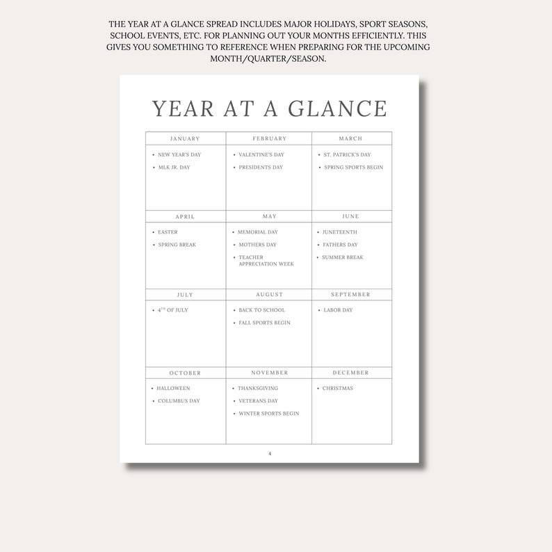 May include: A white paper planner page titled YEAR AT A GLANCE with a grid layout organized by month from January to December. Each month box lists specific holidays and events like New Year's Day, Valentine's Day, and Christmas in black text.