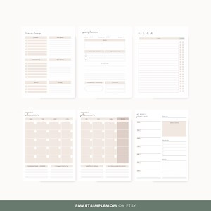 K&ouml;nnte beinhalten: Druckbare Planerseiten mit minimalistischem Design. Die Seiten beinhalten Abschnitte f&uuml;r Brainstorming, Zielplanung, To-Do-Listen, Monatsplanung und Wochenplanung. Die Seiten sind in einer neutralen Farbpalette mit einem hellbeigen Hintergrund gehalten.