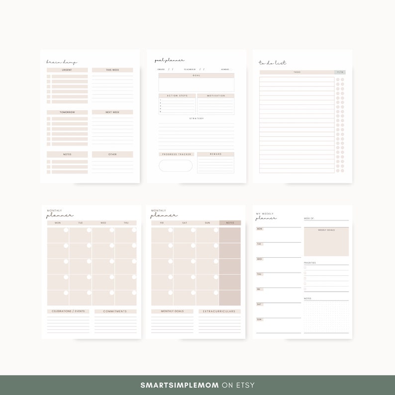 K&ouml;nnte beinhalten: Druckbare Planerseiten mit minimalistischem Design. Die Seiten beinhalten Abschnitte f&uuml;r Brainstorming, Zielplanung, To-Do-Listen, Monatsplanung und Wochenplanung. Die Seiten sind in einer neutralen Farbpalette mit einem hellbeigen Hintergrund gehalten.