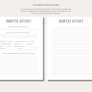 May include: Two white pages of a birth story journal with black text. The left page features prompts for labor details, location, and birth type. The right page contains lined space for writing. The header reads YOUR BABY'S STORY BEGINS HERE.