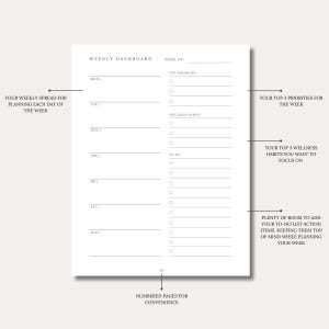May include: A white weekly dashboard planner page with black text. It features sections for each day of the week, top priorities, wellness habits, and a to-do list with checkboxes. The page is numbered 20 at the bottom center.