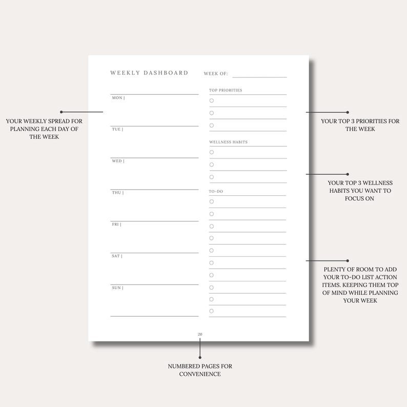 May include: A white weekly dashboard planner page with black text. It features sections for each day of the week, top priorities, wellness habits, and a to-do list with checkboxes. The page is numbered 20 at the bottom center.