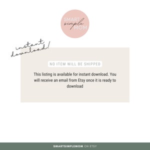 K&ouml;nnte beinhalten: Eine rosa und wei&szlig;e Grafik mit dem Text "Sofort-Download!" und "SMART simple MOM" in einem Kreis. Der Text "KEIN ARTIKEL WIRD VERSANDT" befindet sich in einem Kasten. Der Text "Diese Liste ist f&uuml;r den sofortigen Download verf&uuml;gbar. Sie erhalten eine E-Mail von Etsy, sobald sie zum Download bereit ist" befindet sich in einem Kasten. Der Text "SMARTSIMPLEMOM ON ETSY" befindet sich am unteren Rand der Grafik.