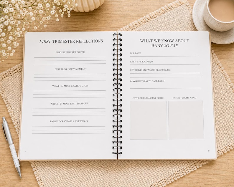 May include: An open spiral-bound pregnancy journal with white pages featuring black text. The left page is titled FIRST TRIMESTER REFLECTIONS with prompts for surprises, moments, gratitude, excitement, and cravings. The right page is titled WHAT WE KNOW ABOUT BABY SO FAR with prompts for due date, nickname, gender, and two blank squares for photos.