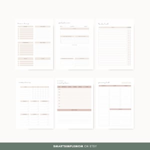 K&ouml;nnte beinhalten: Druckbare Planerseiten mit Abschnitten f&uuml;r Brain Dump, Zielplaner, To-Do-Liste, w&ouml;chentlicher Speiseplan und Einkaufsliste. Die Seiten sind wei&szlig; mit hellbraunem Hintergrund und schwarzem Text.