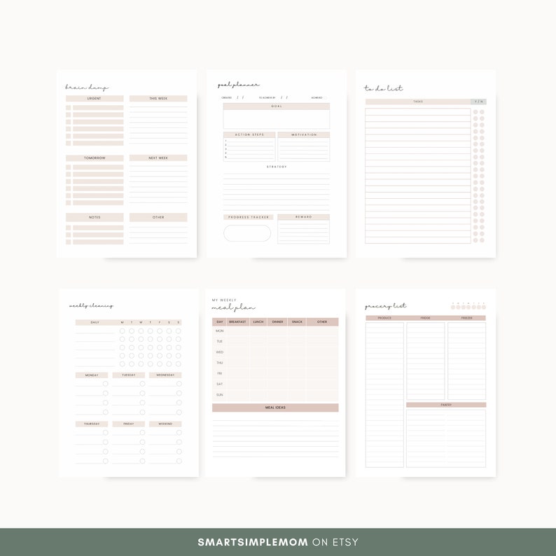 K&ouml;nnte beinhalten: Druckbare Planerseiten mit Abschnitten f&uuml;r Brain Dump, Zielplaner, To-Do-Liste, w&ouml;chentlicher Speiseplan und Einkaufsliste. Die Seiten sind wei&szlig; mit hellbraunem Hintergrund und schwarzem Text.