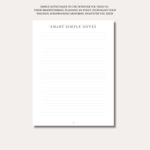 May include: A white lined notebook page with the heading SMART SIMPLE NOTES in black text. Above the page, the text reads: SIMPLE NOTES PAGES TO USE HOWEVER YOU NEED TO. THINK BRAINSTORMING, PLANNING AN EVENT, JOURNALING YOUR FEELINGS, SCRAPBOOKING MEMORIES, WHATEVER YOU NEED!