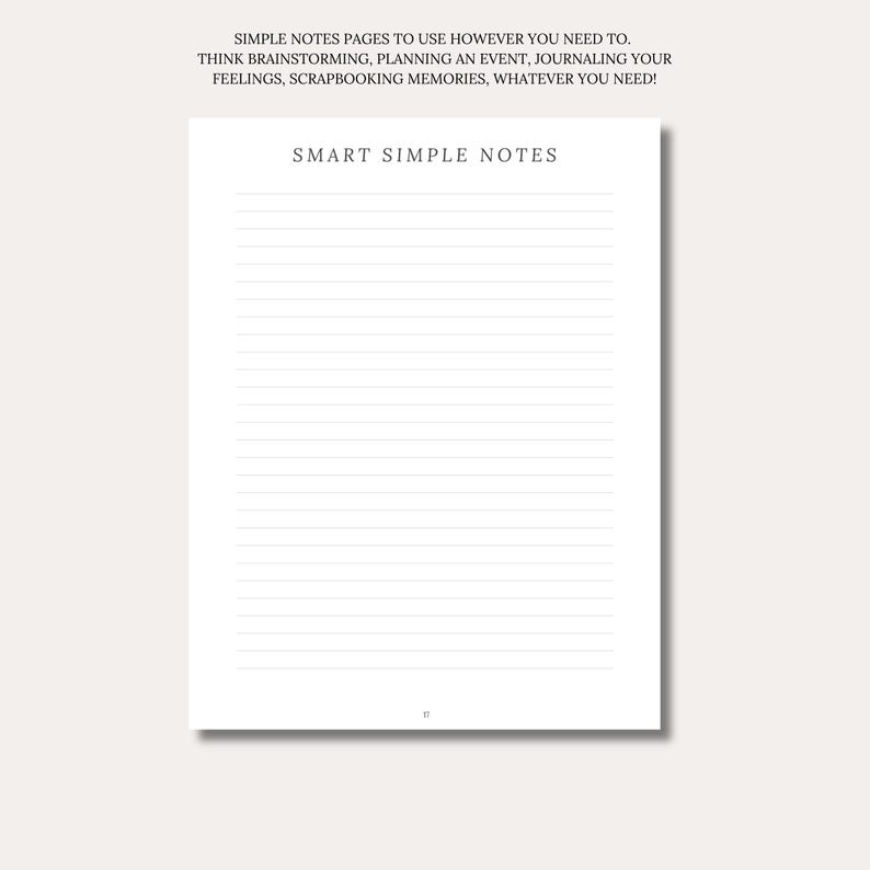 May include: A white lined notebook page with the heading SMART SIMPLE NOTES in black text. Above the page, the text reads: SIMPLE NOTES PAGES TO USE HOWEVER YOU NEED TO. THINK BRAINSTORMING, PLANNING AN EVENT, JOURNALING YOUR FEELINGS, SCRAPBOOKING MEMORIES, WHATEVER YOU NEED!