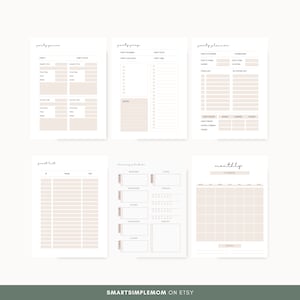 K&ouml;nnte beinhalten: Druckbare Planerseiten mit minimalistischem Design in Beige und Wei&szlig;. Die Seiten beinhalten Abschnitte f&uuml;r die Partyplanung, To-Do-Listen, Reinigungspl&auml;ne und einen Monatskalender.