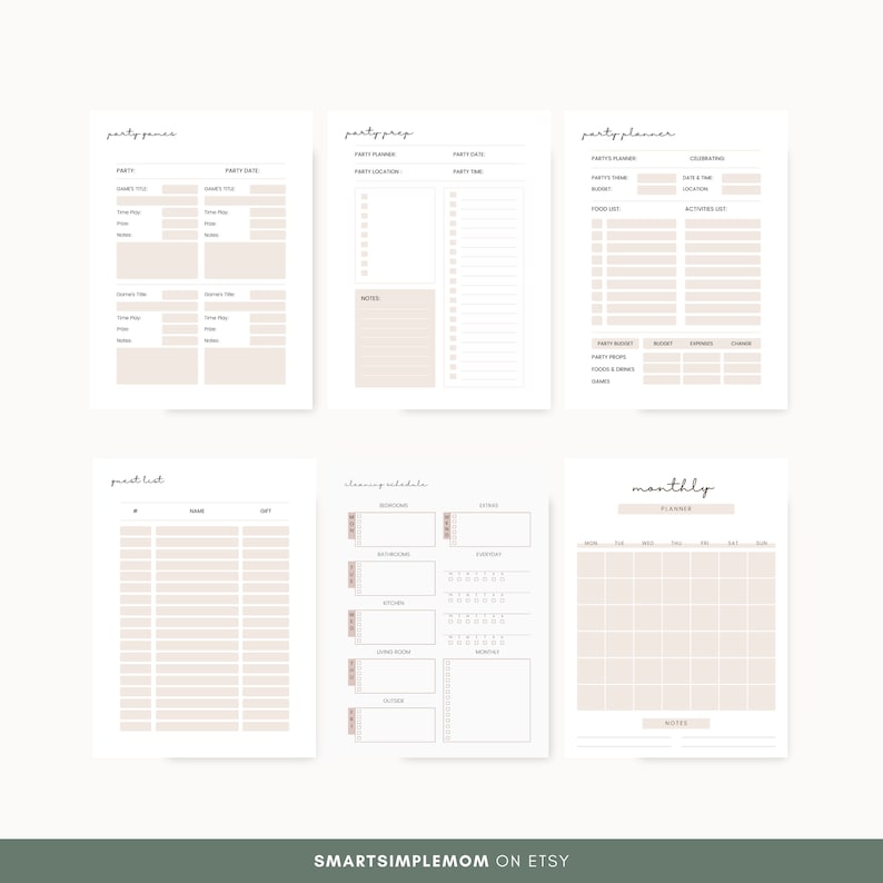 K&ouml;nnte beinhalten: Druckbare Planerseiten mit minimalistischem Design in Beige und Wei&szlig;. Die Seiten beinhalten Abschnitte f&uuml;r die Partyplanung, To-Do-Listen, Reinigungspl&auml;ne und einen Monatskalender.