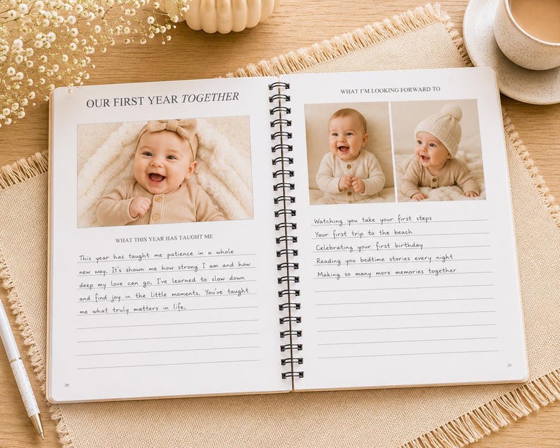 May include: A spiral-bound baby memory book open to two pages titled Our First Year Together and What I'm Looking Forward To. The pages feature printed photo frames with images of a smiling baby, lined sections for handwritten notes, and text.