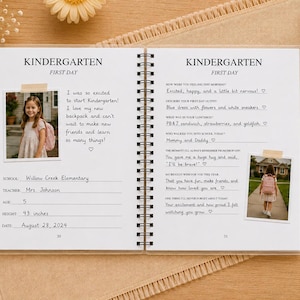May include: A spiral-bound Kindergarten First Day memory book with white pages, black text, and two printed photographs of a child. The left page includes fields for school, teacher, age, height of 43 inches, and date, while the right page has prompts.