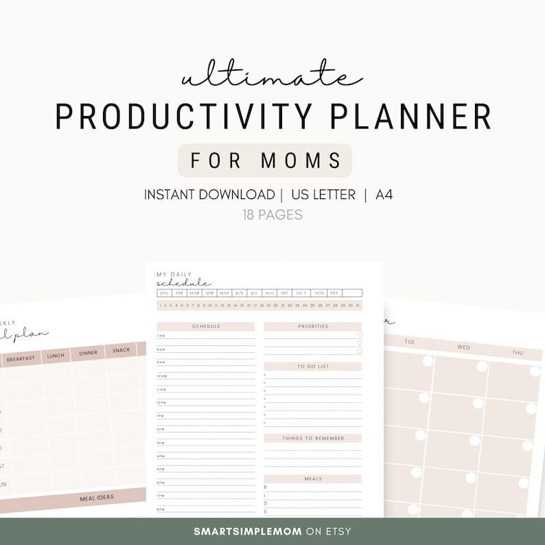 K&ouml;nnte beinhalten: Ein druckbarer Produktivit&auml;tsplaner f&uuml;r M&uuml;tter mit beigefarbenem Hintergrund. Der Planer enth&auml;lt einen Tagesplan, eine To-Do-Liste, einen Bereich f&uuml;r Priorit&auml;ten, Dinge, an die man sich erinnern sollte, und Mahlzeiten. Er enth&auml;lt auch einen Wochenkalender mit Kreisen f&uuml;r jeden Tag.
