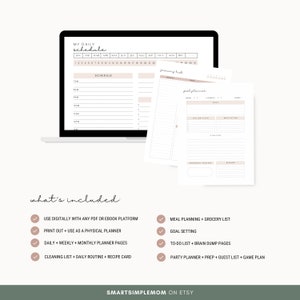 K&ouml;nnte beinhalten: Ein digitaler druckbarer Planer mit einem Tagesplan, einer Einkaufsliste, einer Essensplanung, Zielsetzung, einer To-Do-Liste, Brain-Dump-Seiten und Partyplaner-Seiten. Der Planer ist im minimalistischen Stil mit einer neutralen Farbpalette gestaltet.