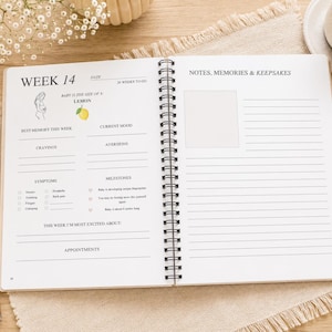 May include: A spiral-bound pregnancy journal open to week 14. The left page features sections for date, baby size as a lemon, mood, cravings, aversions, symptoms, milestones, and appointments. The right page has lined space for notes, memories, and keepsakes.