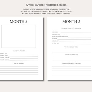 May include: Two white pages titled MONTH 3 with black text. The left page has a photo box, Current Favorites, and New Milestones sections. The right page includes What Life Looks Like Right Now, What Makes You Smile, What Makes You Cry, and Things I Never Want To Forget.