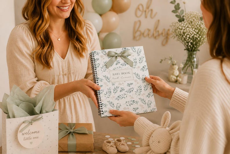 May include: A spiral-bound baby book featuring a white cover with a green botanical leaf pattern, a sage green ribbon bow at the top, and a rectangular label with the text BABY BOOK printed in black ink on the front cover.