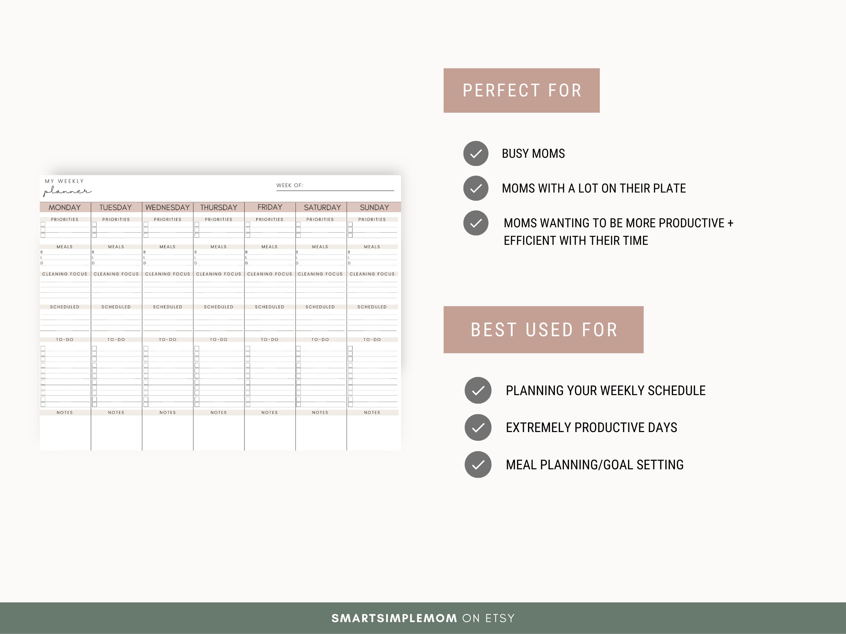 WEEKLY PLANNER PRINTABLE for Moms Undated Planner Weekly Desk Pad Productivity Planner Printable ...