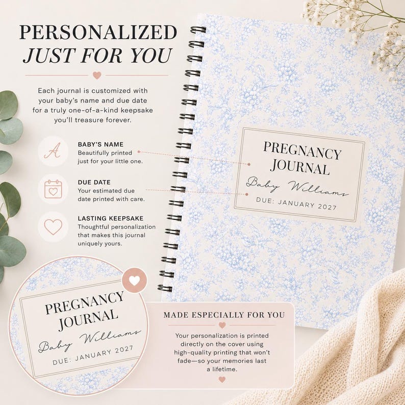 May include: A spiral-bound pregnancy journal with a light blue floral pattern on the cover. The cover features a rectangular label with the text PREGNANCY JOURNAL, Baby Williams, and DUE: JANUARY 2027. Text on the image details customization.
