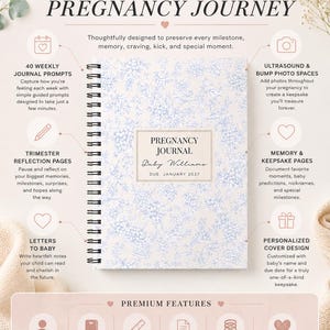May include: A spiral-bound pregnancy journal with a light blue floral pattern on a cream cover. The center label reads PREGNANCY JOURNAL, Baby Williams, DUE: JANUARY 2027. The journal features 94 pages, 8.5" x 11" size, and wire-o binding.