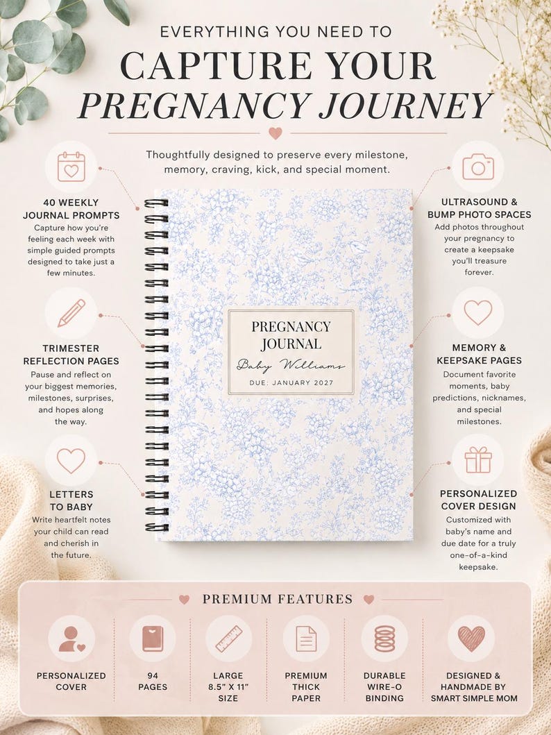 May include: A spiral-bound pregnancy journal with a light blue floral pattern on a cream cover. The center label reads PREGNANCY JOURNAL, Baby Williams, DUE: JANUARY 2027. The journal features 94 pages, 8.5" x 11" size, and wire-o binding.