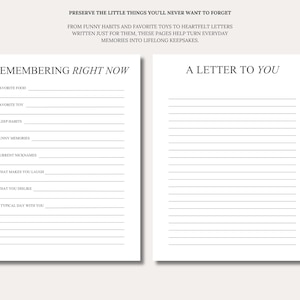 May include: Two white printable journal pages with black text. The left page is titled REMEMBERING RIGHT NOW with prompts for food, toys, habits, memories, nicknames, laughter, dislikes, and daily routines. The right page is titled A LETTER TO YOU.