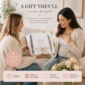 May include: A spiral-bound pregnancy journal with light blue and white vertical stripes, featuring a white ribbon bow and a rectangular label that reads Pregnancy Journal, Baby Williams, and Date: February 2023, presented in a gift box.