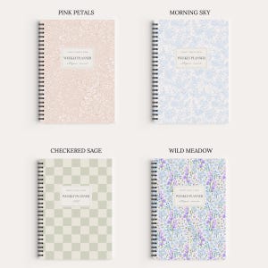 May include: Four spiral-bound weekly planners with distinct covers: a pink floral pattern labeled Pink Petals, a light blue floral pattern labeled Morning Sky, a sage green checkered pattern labeled Checkered Sage, and a purple floral pattern labeled Wild Meadow.