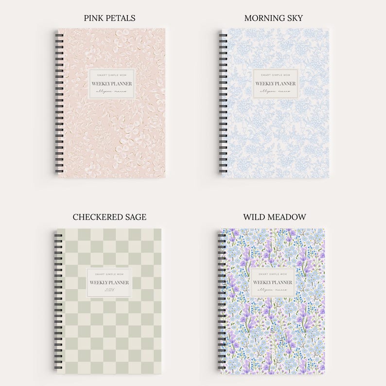 May include: Four spiral-bound weekly planners with distinct covers: a pink floral pattern labeled Pink Petals, a light blue floral pattern labeled Morning Sky, a sage green checkered pattern labeled Checkered Sage, and a purple floral pattern labeled Wild Meadow.