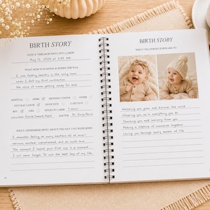 May include: A spiral-bound baby memory book open to a page titled BIRTH STORY. The page features printed prompts, handwritten entries about labor, and two color photographs of a baby. The text includes details like May 12, 2024, and Riverside Community Hospital.