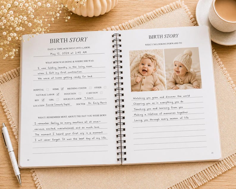 May include: A spiral-bound baby memory book open to a page titled BIRTH STORY. The page features printed prompts, handwritten entries about labor, and two color photographs of a baby. The text includes details like May 12, 2024, and Riverside Community Hospital.