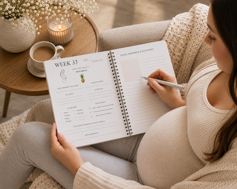May include: A spiral-bound pregnancy journal open to a page titled Week 33, featuring sections for notes, memories, keepsakes, symptoms, and milestones. The page includes a small pineapple illustration and text prompts for tracking weekly progress.