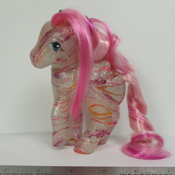 HQG1C Shimmer-Stones Sparkle Pegasus Pink G1 Pony - Classic Style Glittering Silver Custom Toy w/ Full Hair