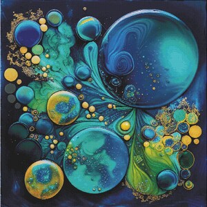 May include: Abstract painting with swirling blue, green, and gold colors. The painting features a variety of round shapes and textures.