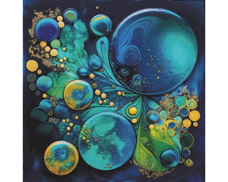 May include: Abstract painting with swirling blue, green, and gold colors. The painting features a variety of round shapes and textures.