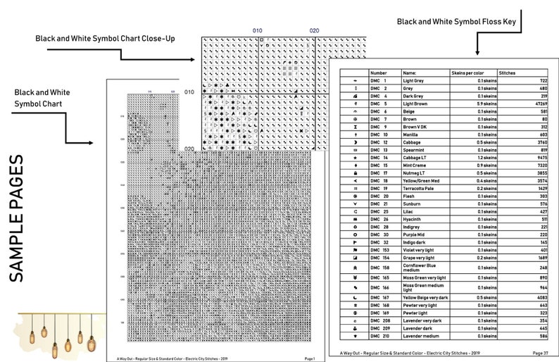 May include: Black and white cross stitch symbol chart with a floss key. The chart shows different symbols for each color of floss. The floss key lists the DMC number, color name, and number of stitches per color.