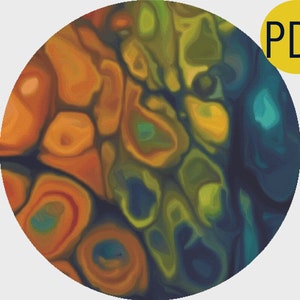 May include: Abstract art print with swirling patterns in shades of orange, yellow, green, blue, and black.