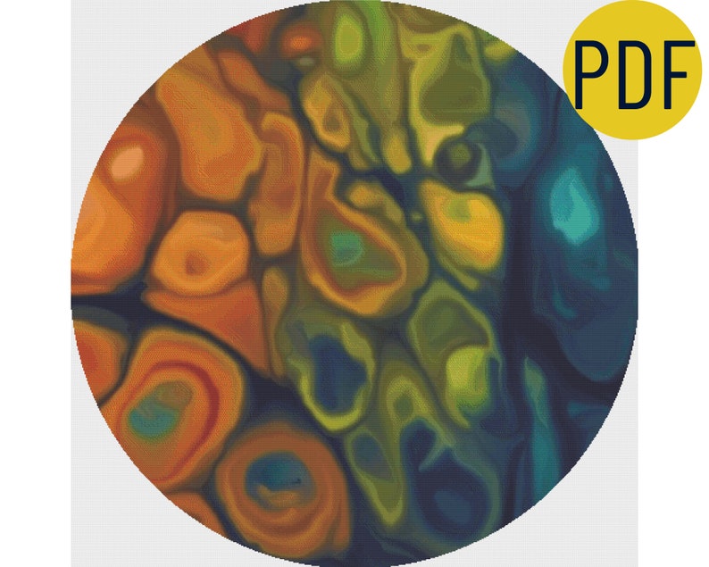 May include: Abstract art print with swirling patterns in shades of orange, yellow, green, blue, and black.