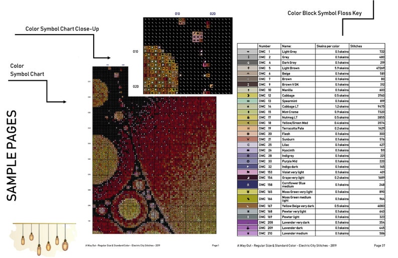 May include: A color chart for cross-stitch embroidery with a close-up of a sample design. The chart includes a key with DMC floss numbers, names, and stitch counts. The sample design features a variety of colors and patterns.