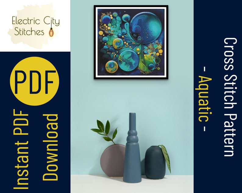 May include: A digital cross stitch pattern featuring a colorful abstract design with blue, green, and gold circles on a dark background. The pattern is titled "Aquatic" and is available as an instant PDF download.