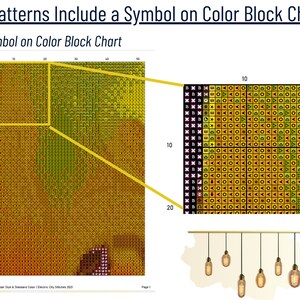 May include: A color block chart with a grid of squares, each containing a different symbol. The chart is labeled "Symbol on Color Block Chart". The chart is divided into sections, with each section representing a different color. The symbols in each section are arranged in a pattern.