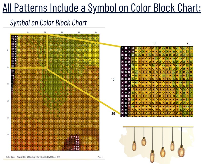 May include: A color block chart with a grid of squares, each containing a different symbol. The chart is labeled "Symbol on Color Block Chart". The chart is divided into sections, with each section representing a different color. The symbols in each section are arranged in a pattern.