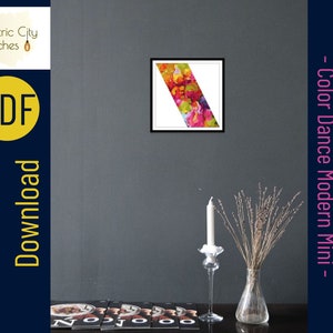 May include: A digital download of a cross stitch pattern for a modern design called "Color Dance Mini". The pattern features a diagonal line of colorful abstract shapes.