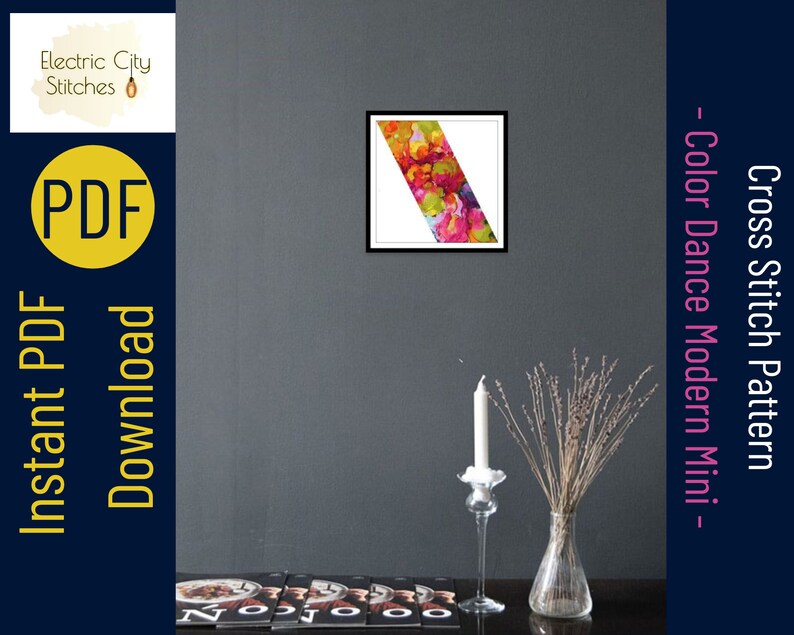 May include: A digital download of a cross stitch pattern for a modern design called "Color Dance Mini". The pattern features a diagonal line of colorful abstract shapes.
