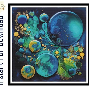 May include: Cross stitch pattern of an abstract design with blue, green, and gold circles on a dark blue background. The pattern is titled "Aquatic".