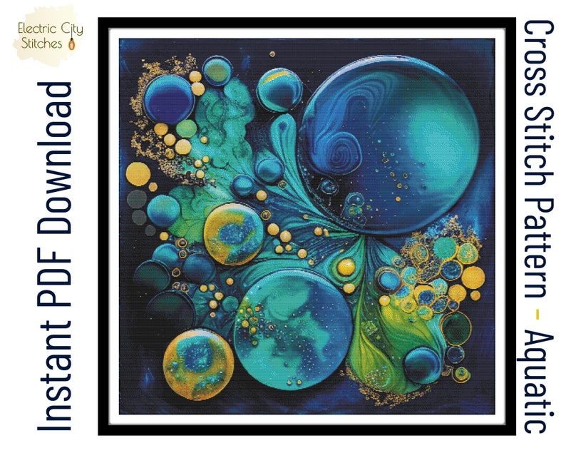 May include: Cross stitch pattern of an abstract design with blue, green, and gold circles on a dark blue background. The pattern is titled "Aquatic".