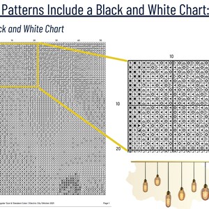 May include: A black and white chart with a grid of different patterns. The chart is labeled "Black and White Chart". The text "All Patterns Include a Black and White Chart" is at the top of the image.